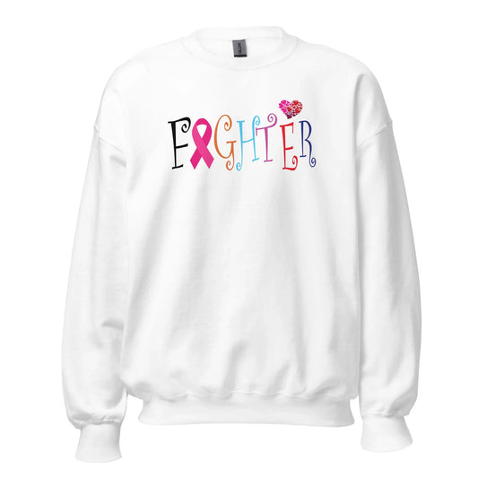 Support cancer awareness sweatshirt with colorful FIGHTER text