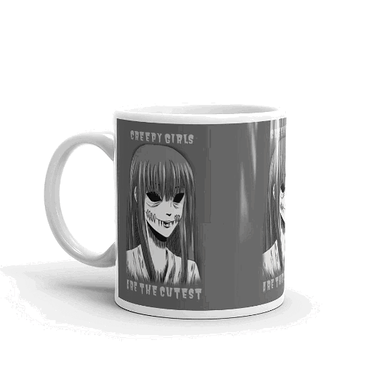 Unique Creepy Girl Print Mug for Gothic and Halloween Enthusiasts