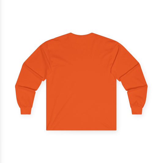 Back view Unisex orange long sleeve shirt with a patriotic "Make the Netherlands Great Again" design, perfect for Koningdag.