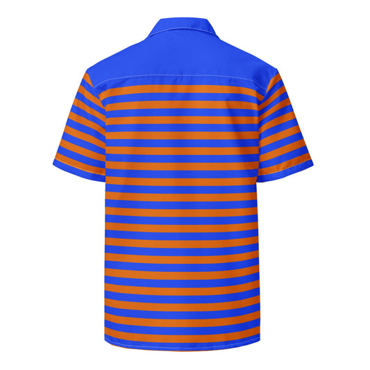 Vibrant blue and orange striped shirt, ideal for a trendy and relaxed ensemble.