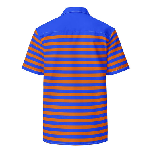 Vibrant blue and orange striped shirt, ideal for a trendy and relaxed ensemble.