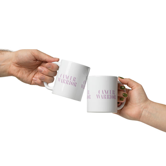 White ceramic Cancer Warrior mug with pink stencil lettering