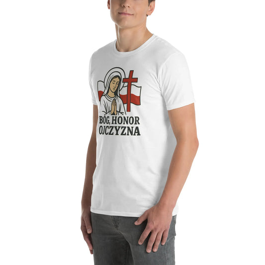 White cotton Polish pride shirt with flag and religious design