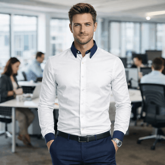 White dress shirt with blue collar and cuffs