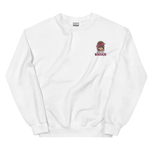 White unisex sweater with empowering pink breast cancer warrior design