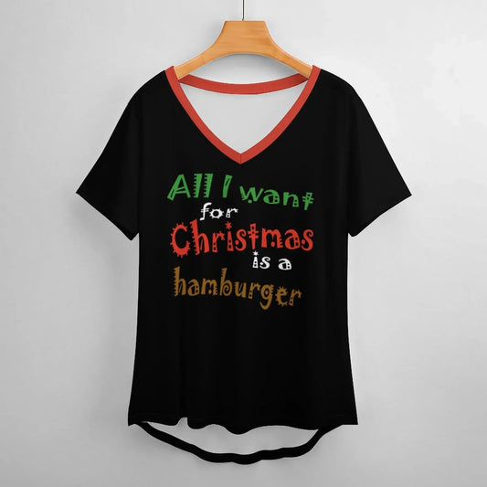 Women's Christmas T-shirt with 'All I Want For Christmas Is A Hamburger' print