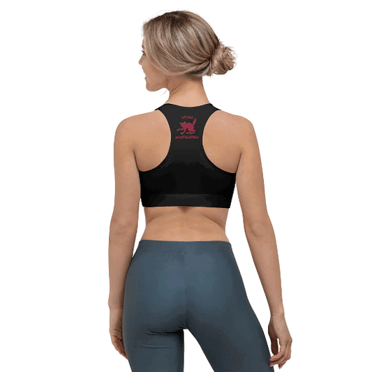 Women’s black training sports bra with bold cat graphic