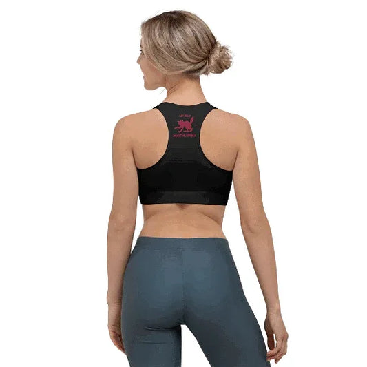 Women’s black training sports bra with bold cat graphic