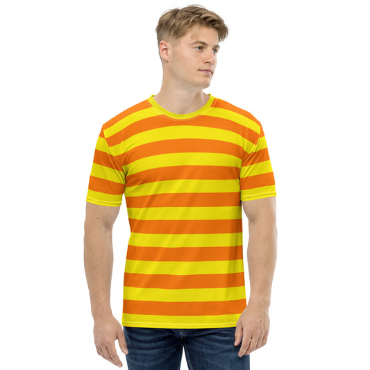 Men's orange and yellow striped t-shirt, front view