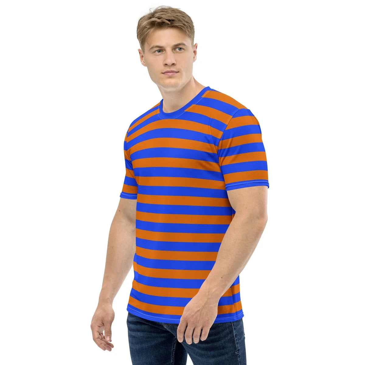 blue and orange striped men's shirt