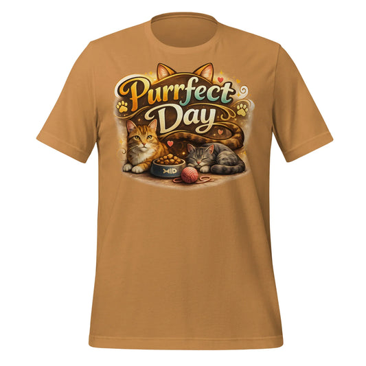 cat T-shirt featuring sleeping cats and food bowl design