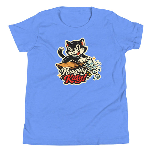 cute mischievous cat youth graphic t-shirt knocking glass off table