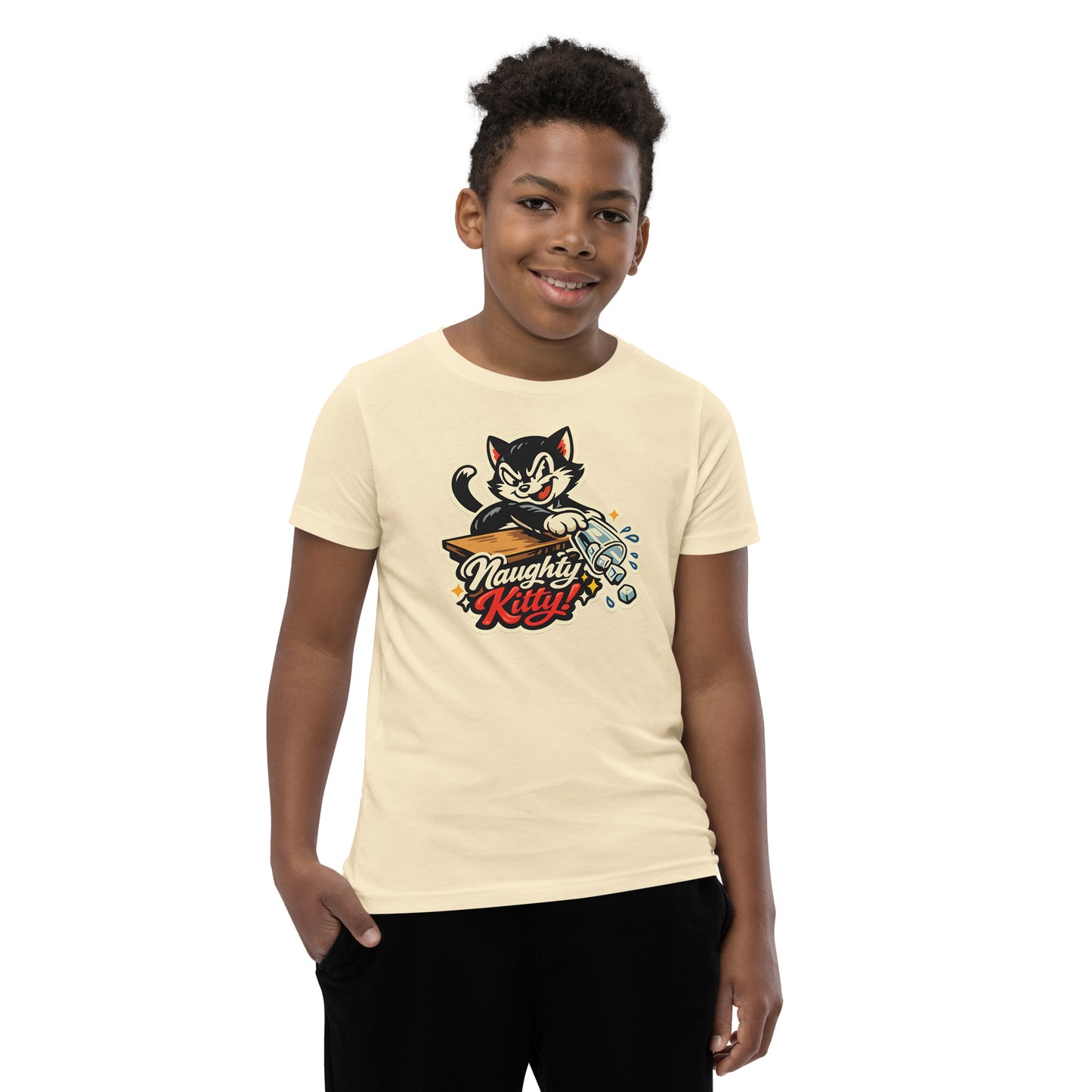 cute naughty cat youth shirt funny cat knocking drink over