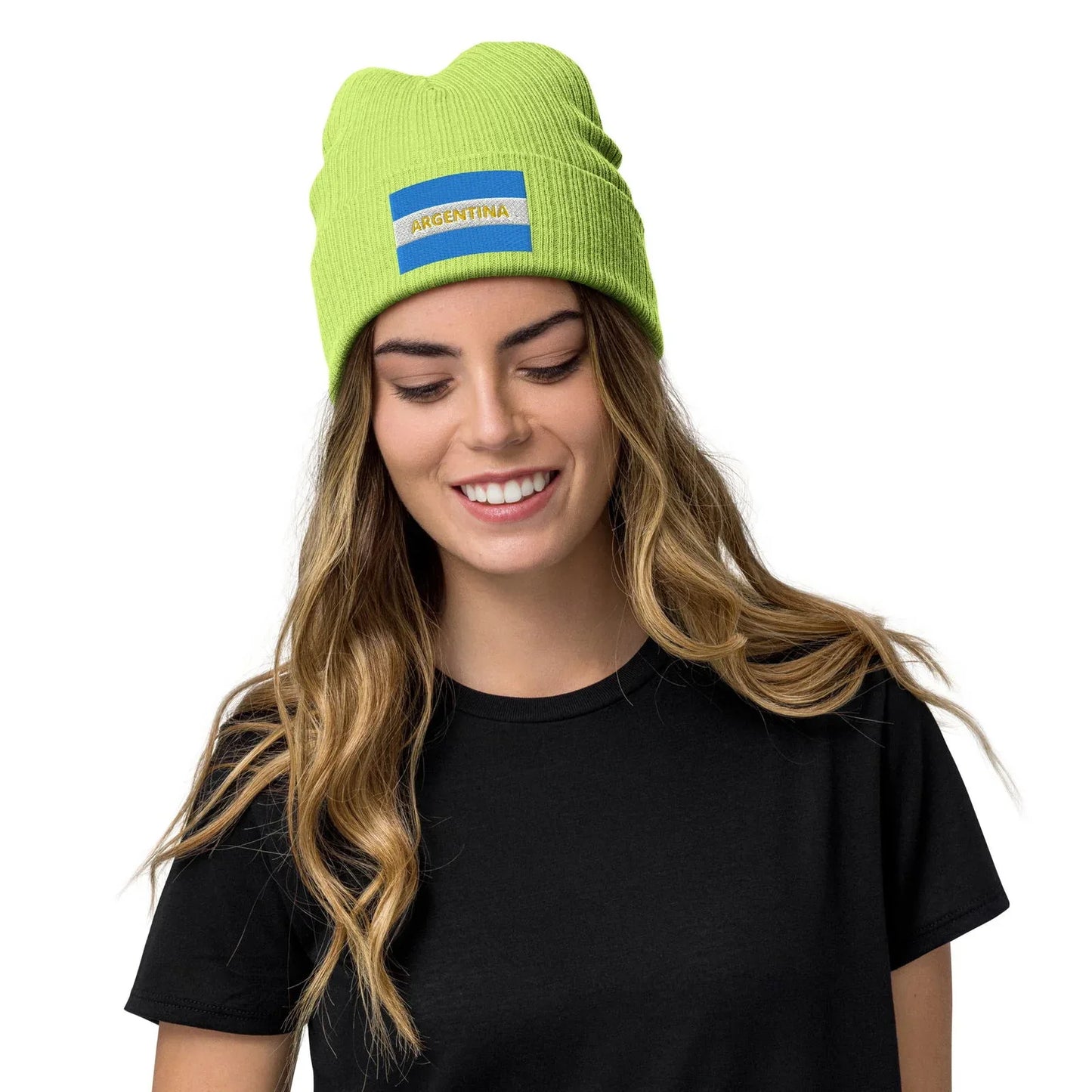 light green Ribbed Knit Embroidered Argentina Beanie Recycled Polyester