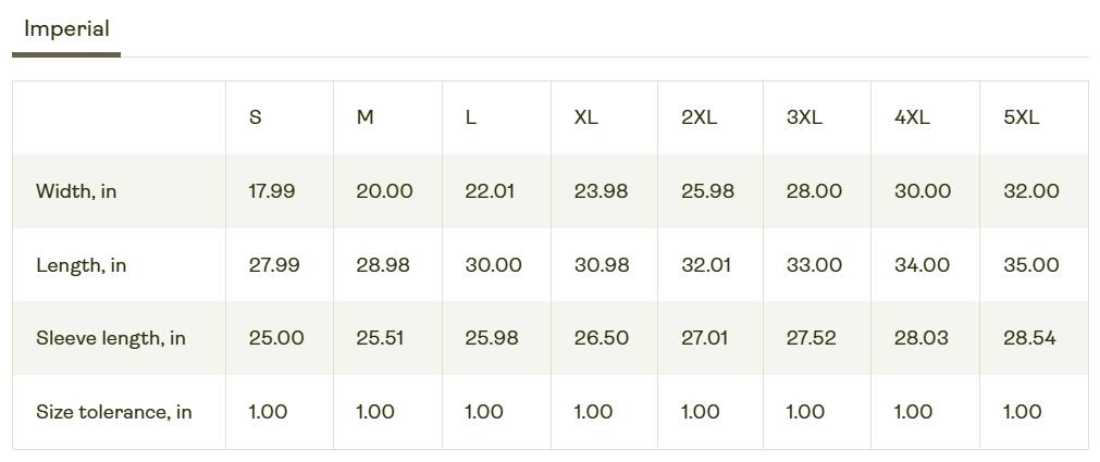 Inches size guide orange long sleve shirt