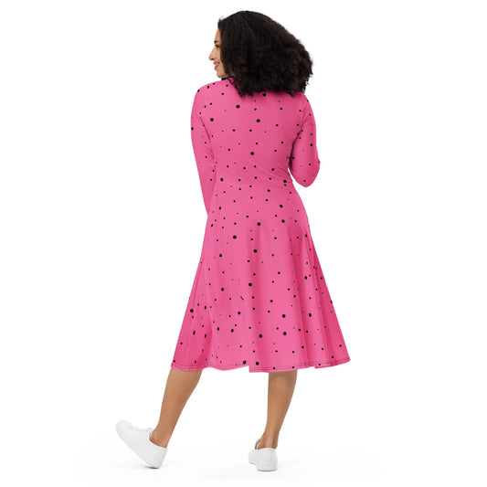 long sleeve pink polka dot midi dress