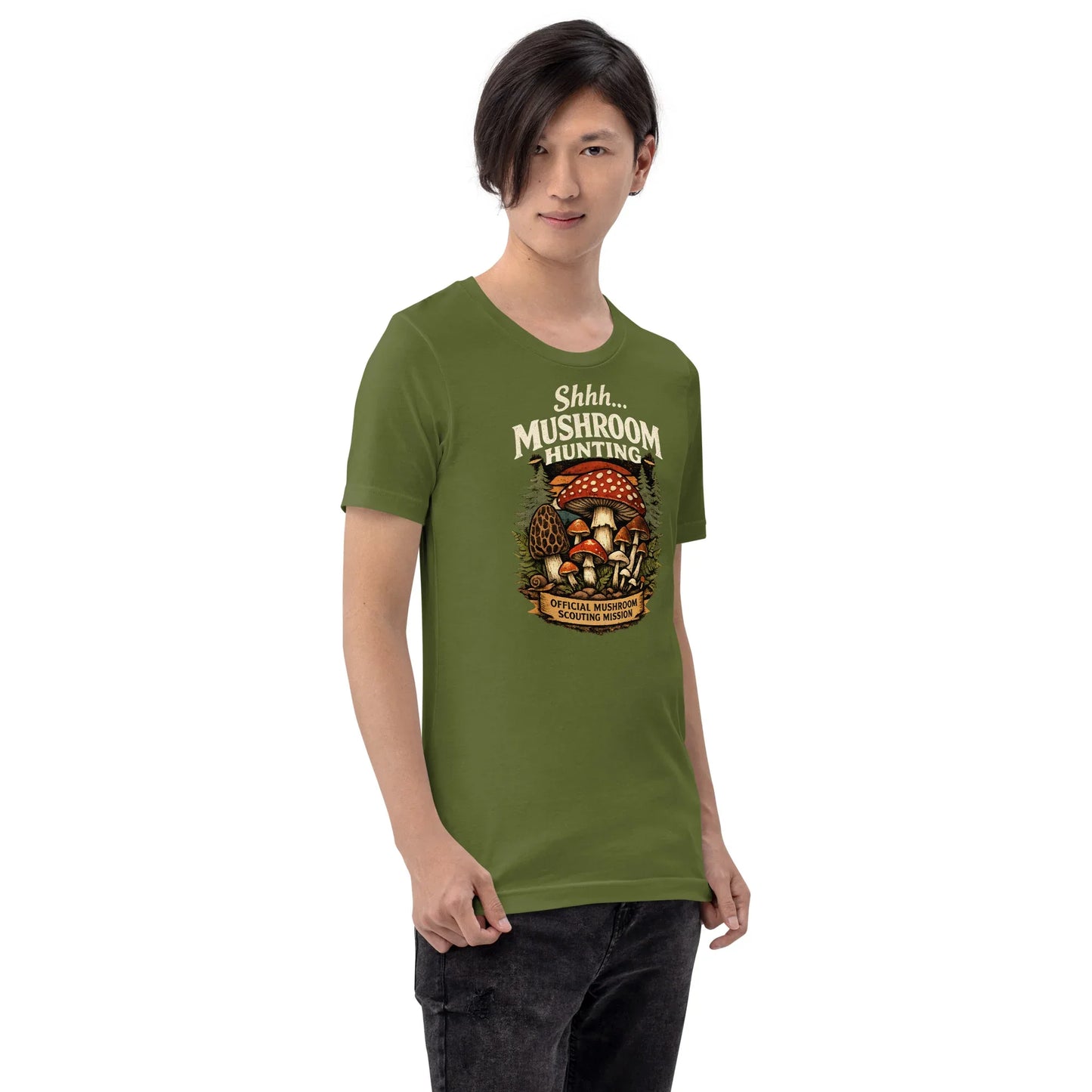 mushroom hunter graphic t-shirt with forest mushroom art