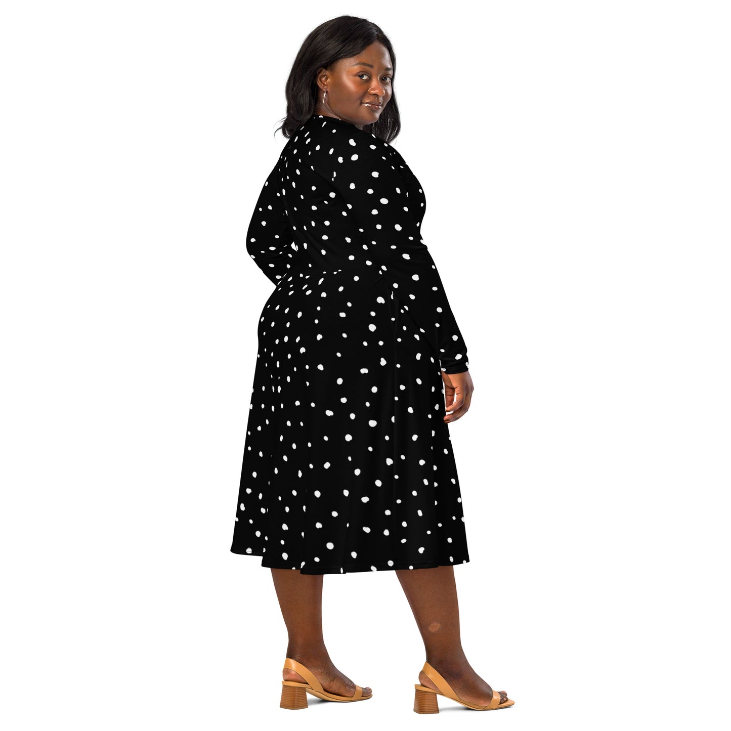 plus size polka dot midi dress with pockets and boat neckline