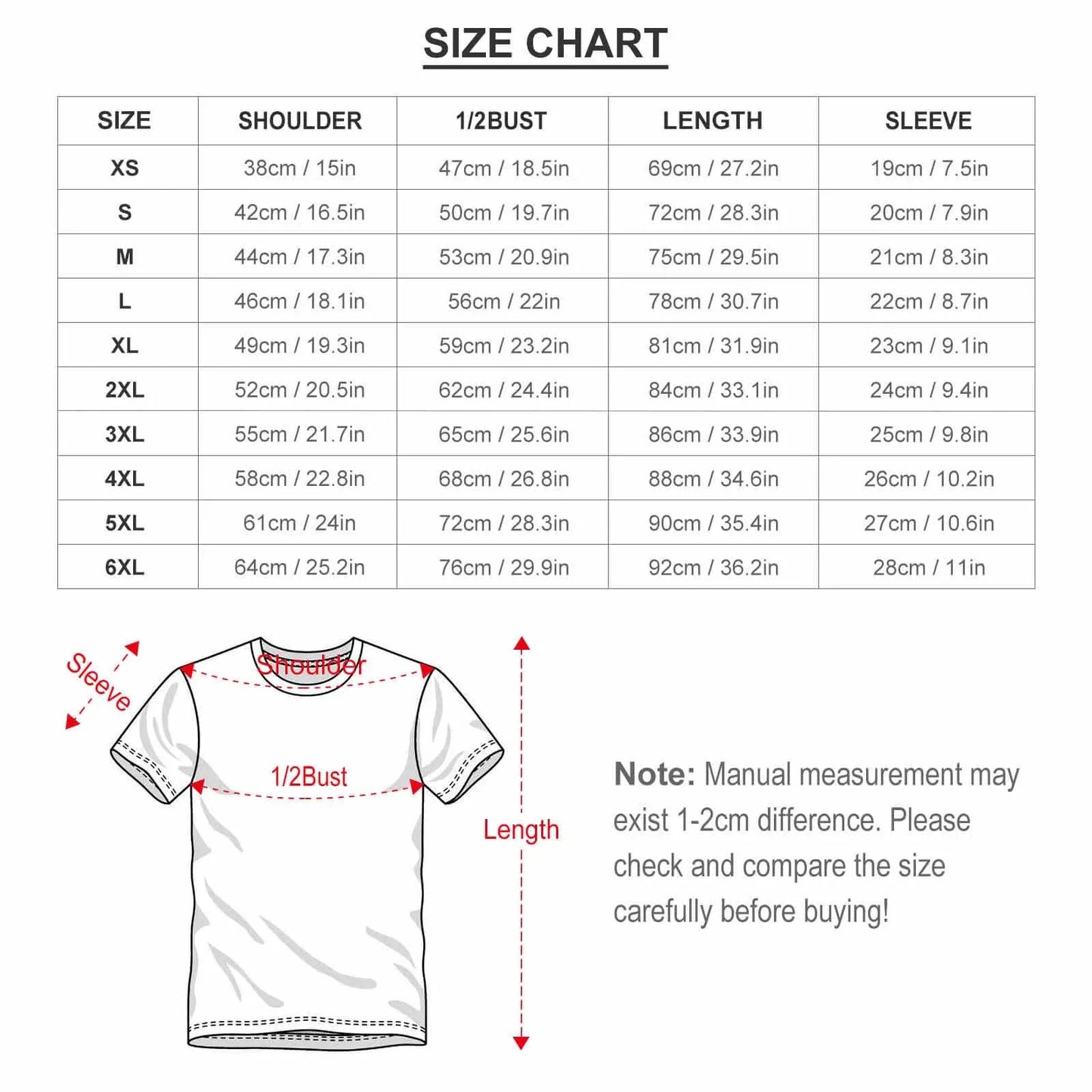 size chart t-shirt for men