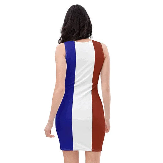 sleeveless french flag bodycon dress with blue white red tricolor design