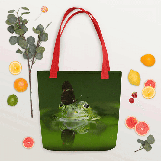 unique nature-inspired tote bag showing frog in water with butterfly on nose