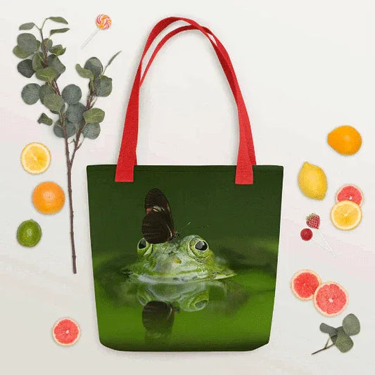 unique nature-inspired tote bag showing frog in water with butterfly on nose