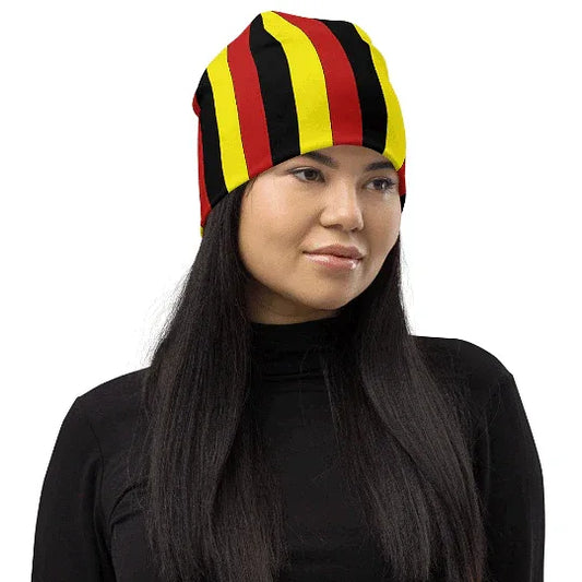 unisex Belgium tricolor beanie with black yellow red stripes for outdoor games