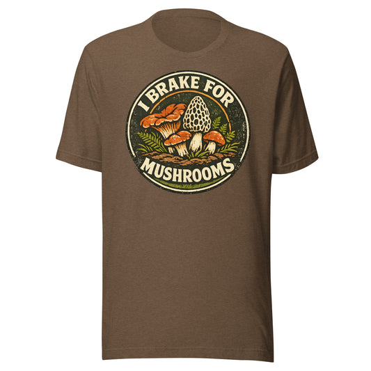 vintage I brake for mushrooms shirt with forest mushroom illustration