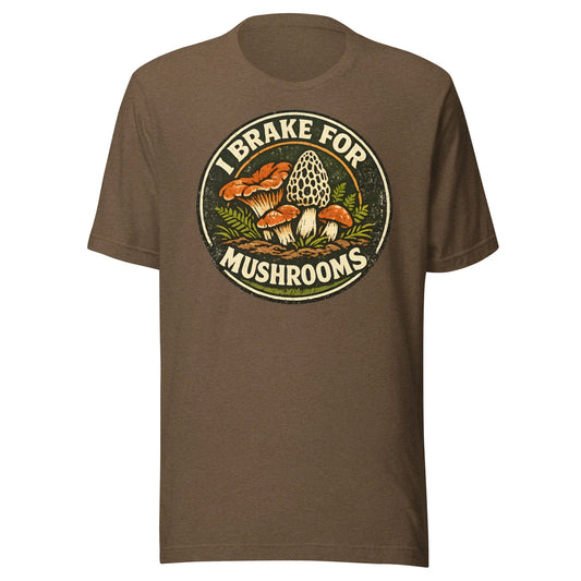 vintage I brake for mushrooms shirt with forest mushroom illustration