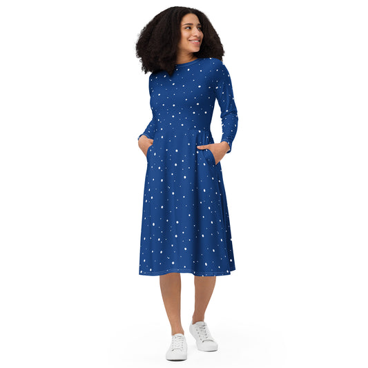 women’s fitted waist flared skirt navy polka dot dress with boat neckline