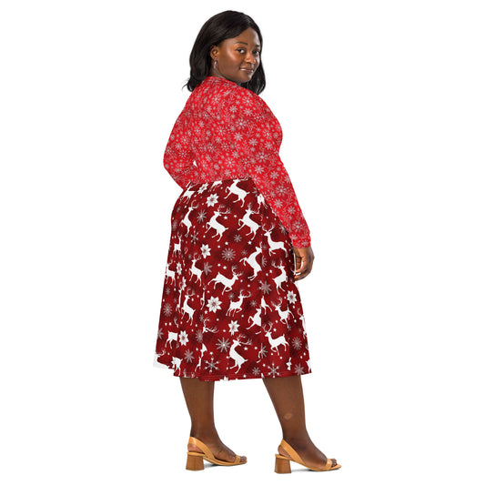 women’s red Christmas midi dress with reindeer