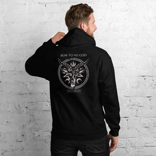 Unisex black gothic hoodie with bold atheist statement print on back