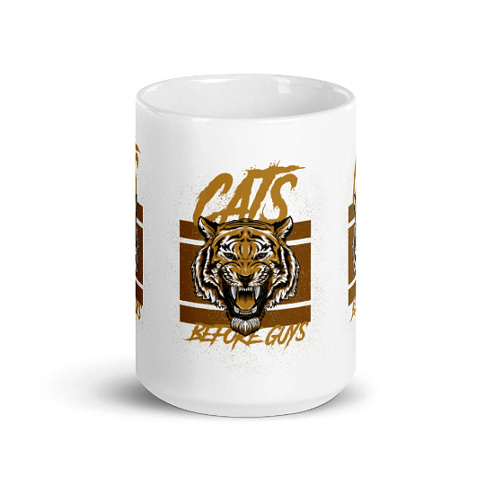 Big Coffee Mug With Tiger Print / Ceramic Mug With Quote 'Cats Before Guys'