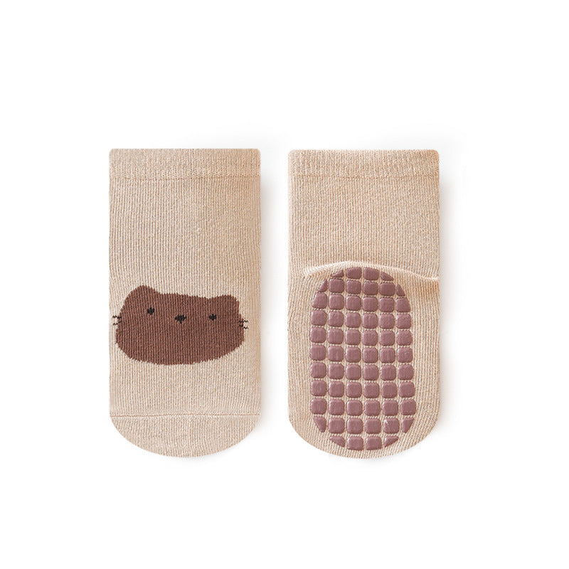 Dark Beige Cat Non-Slip Cotton Footie Socks for Babies