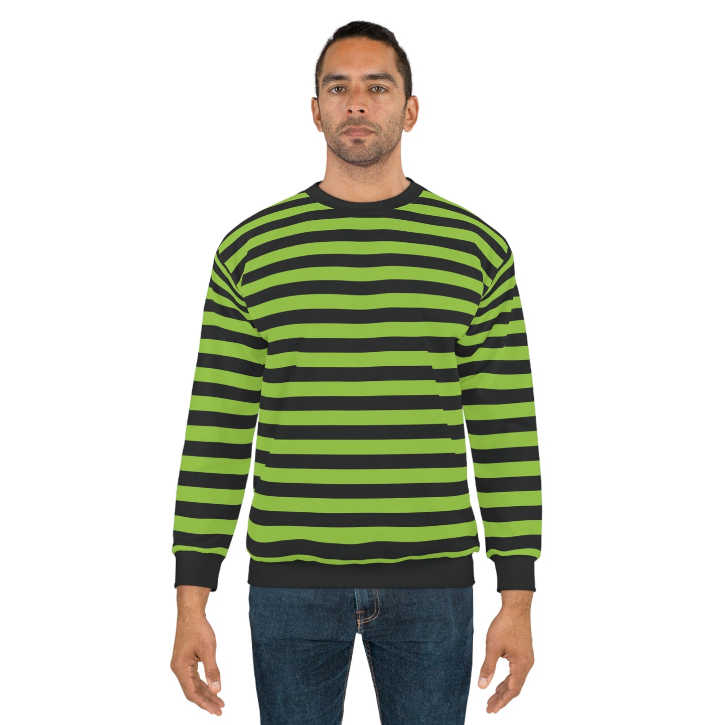 green and black striped sweater