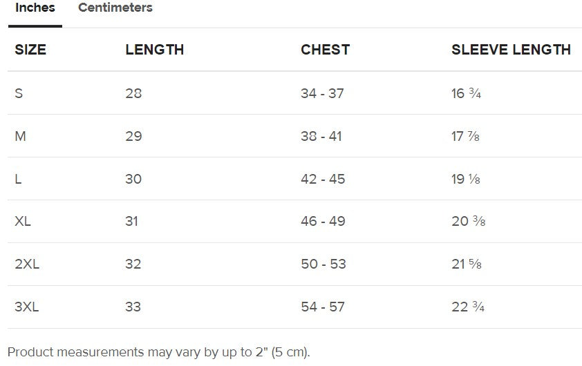 Inches T-shirt size guide
