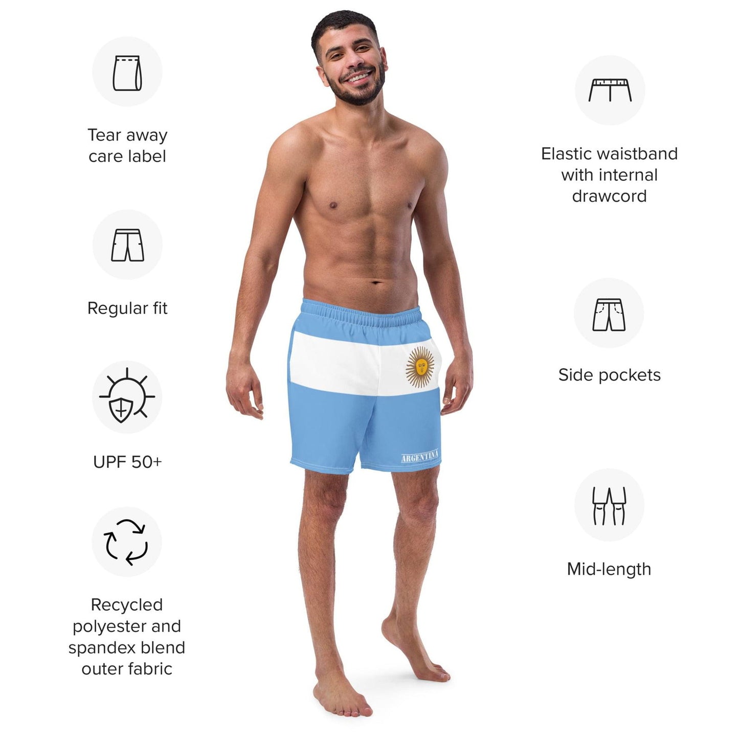 Argentine Maillots de bain Short pour hommes avec poches en filet / Taille 2XS - 6XL / Polyester recyclé