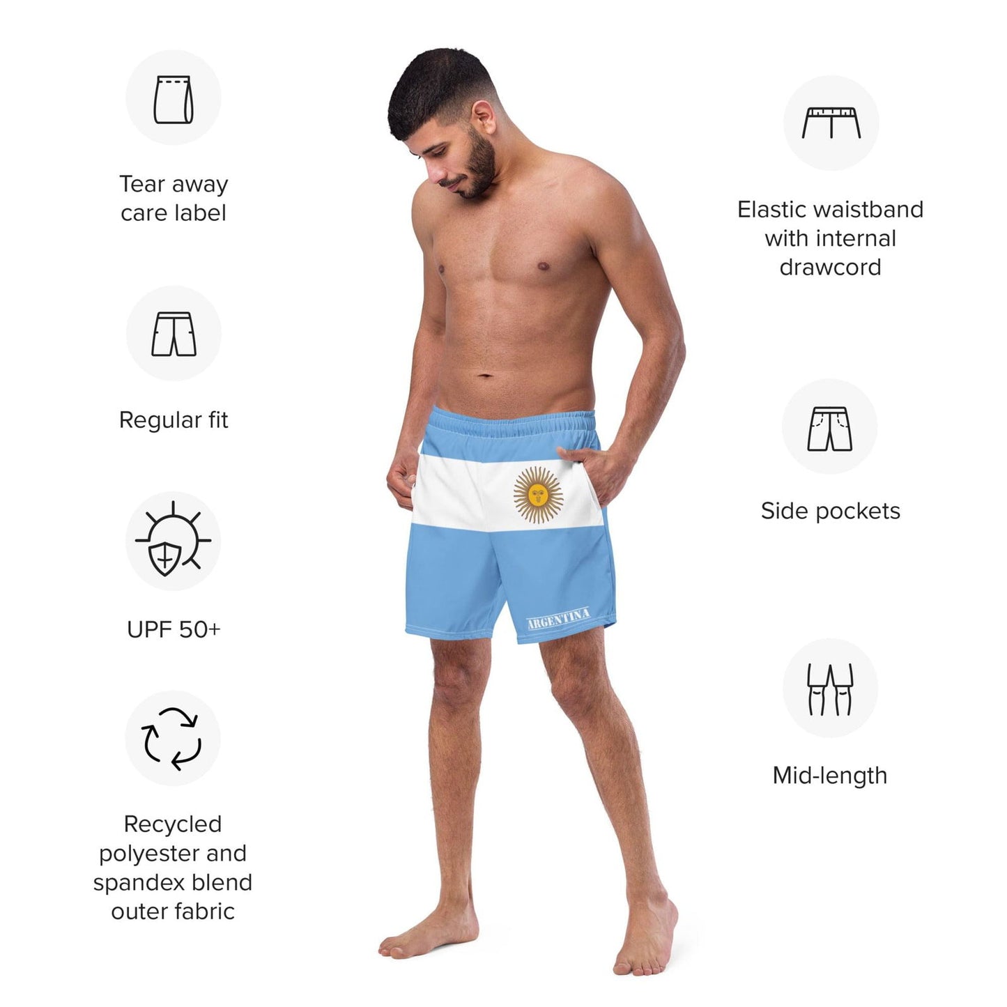 Argentine Maillots de bain Short pour hommes avec poches en filet / Taille 2XS - 6XL / Polyester recyclé