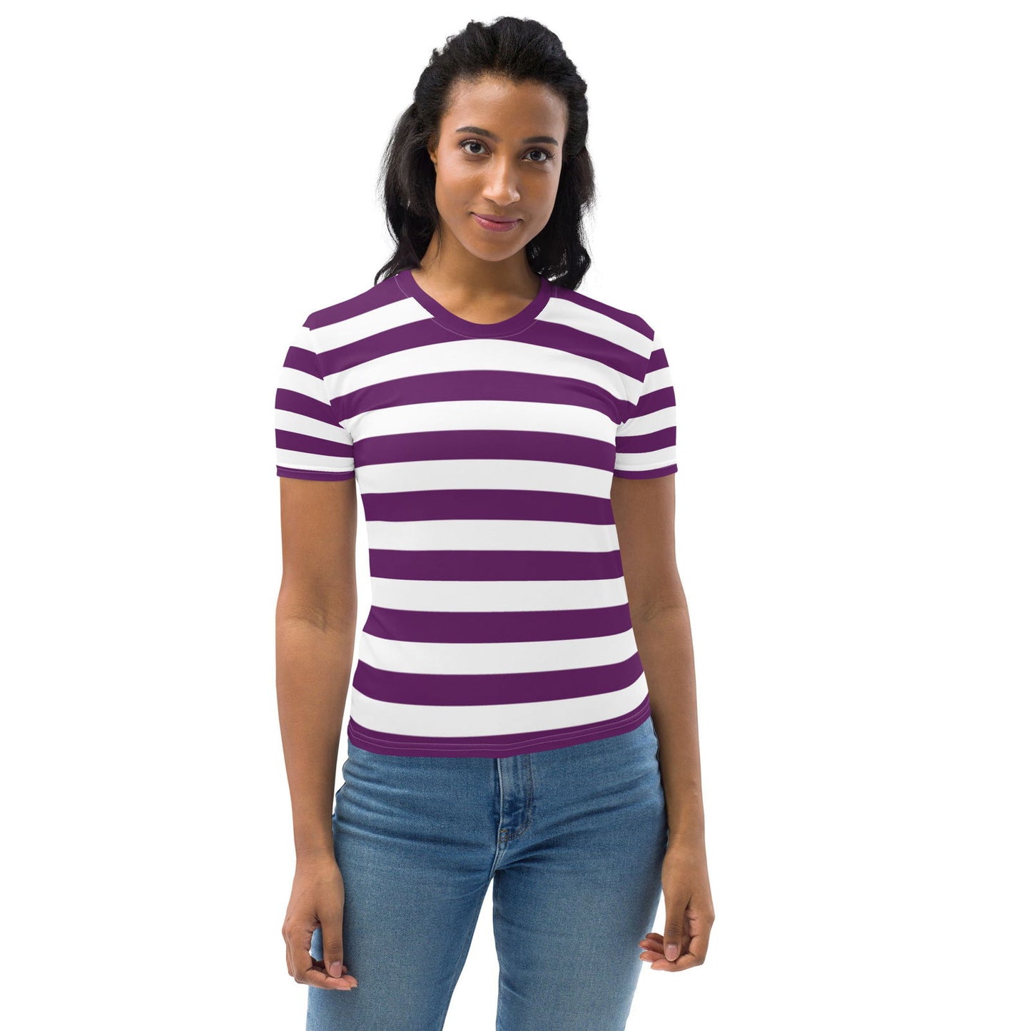 Camiseta de rayas moradas y blancas para mujer