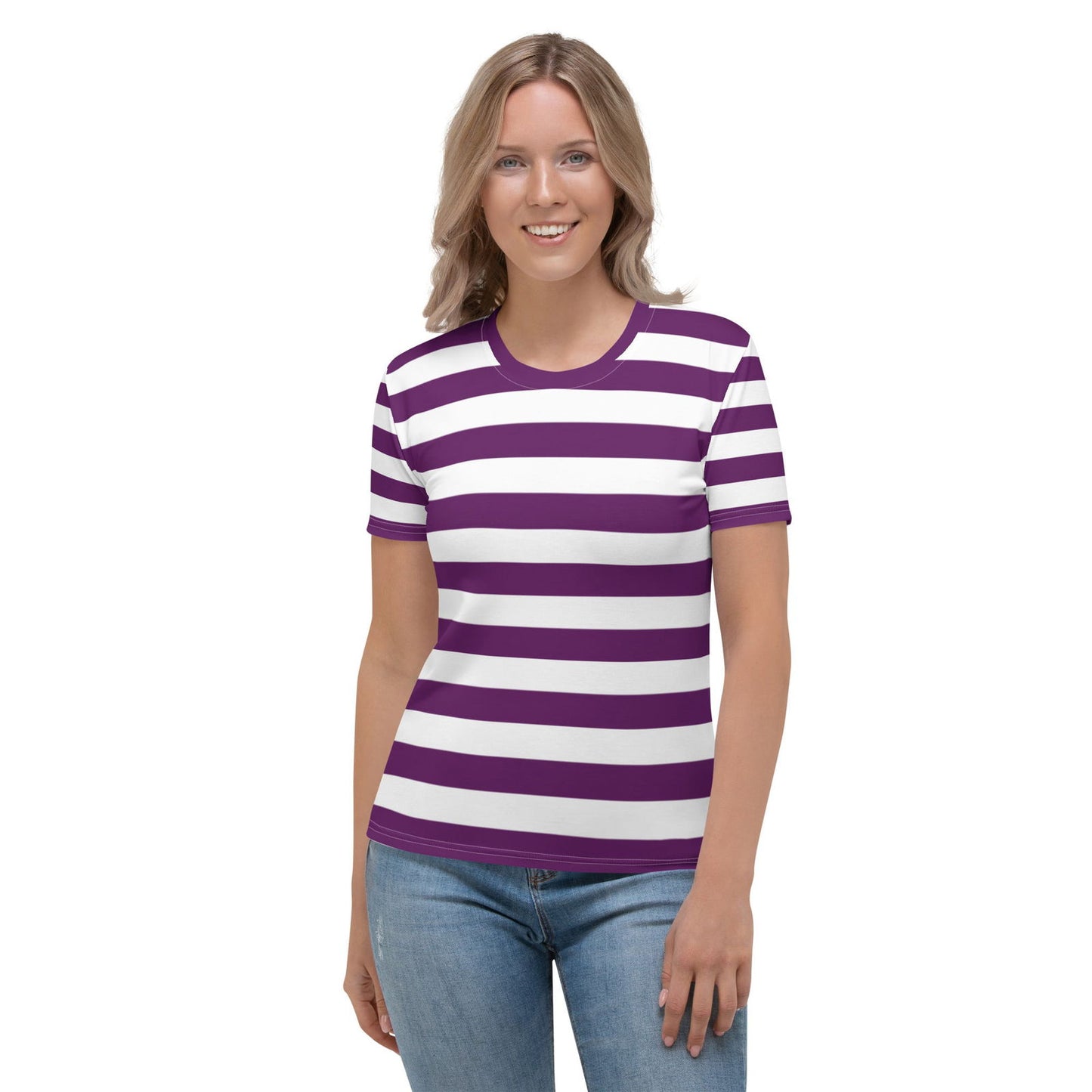 Camiseta de rayas moradas y blancas para mujer