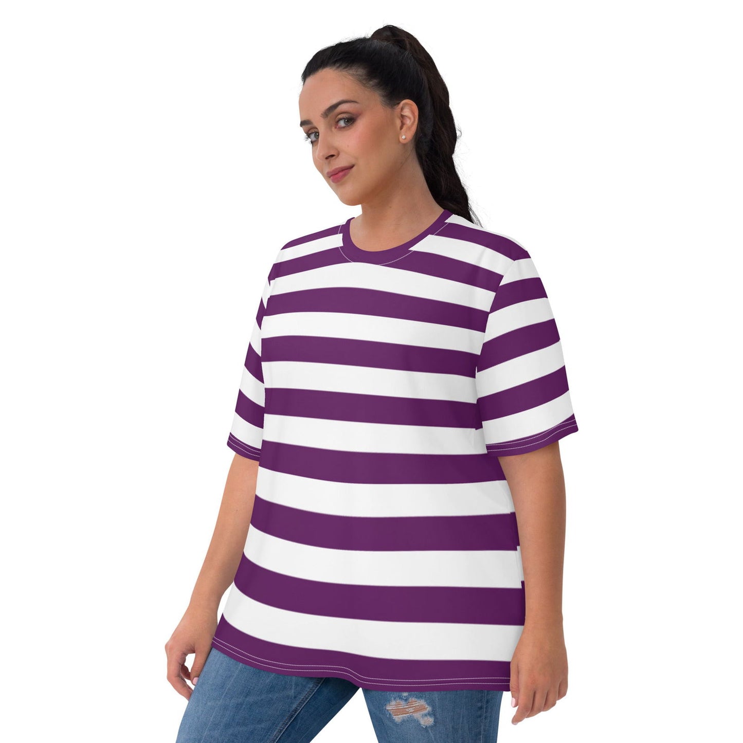 Camiseta de rayas moradas y blancas para mujer