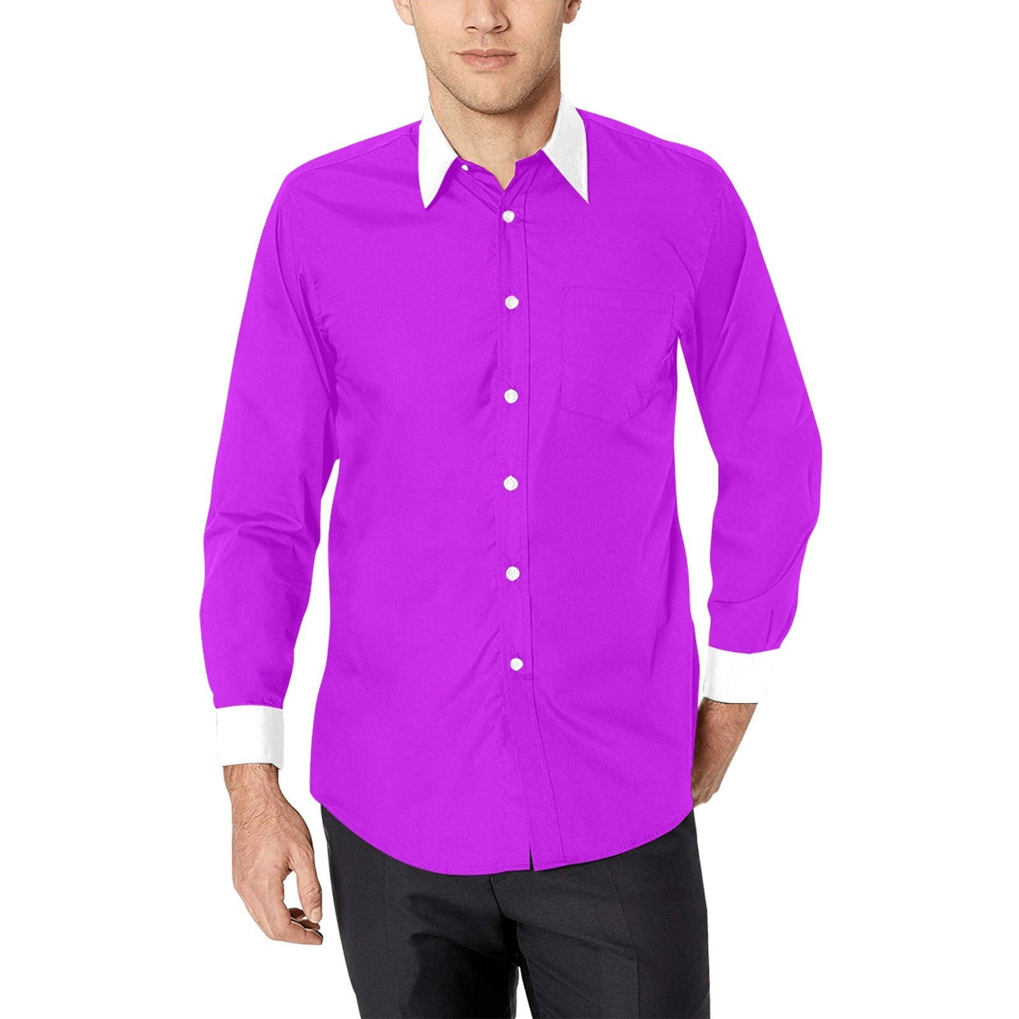 Camisa social roxa com gola e punhos brancos