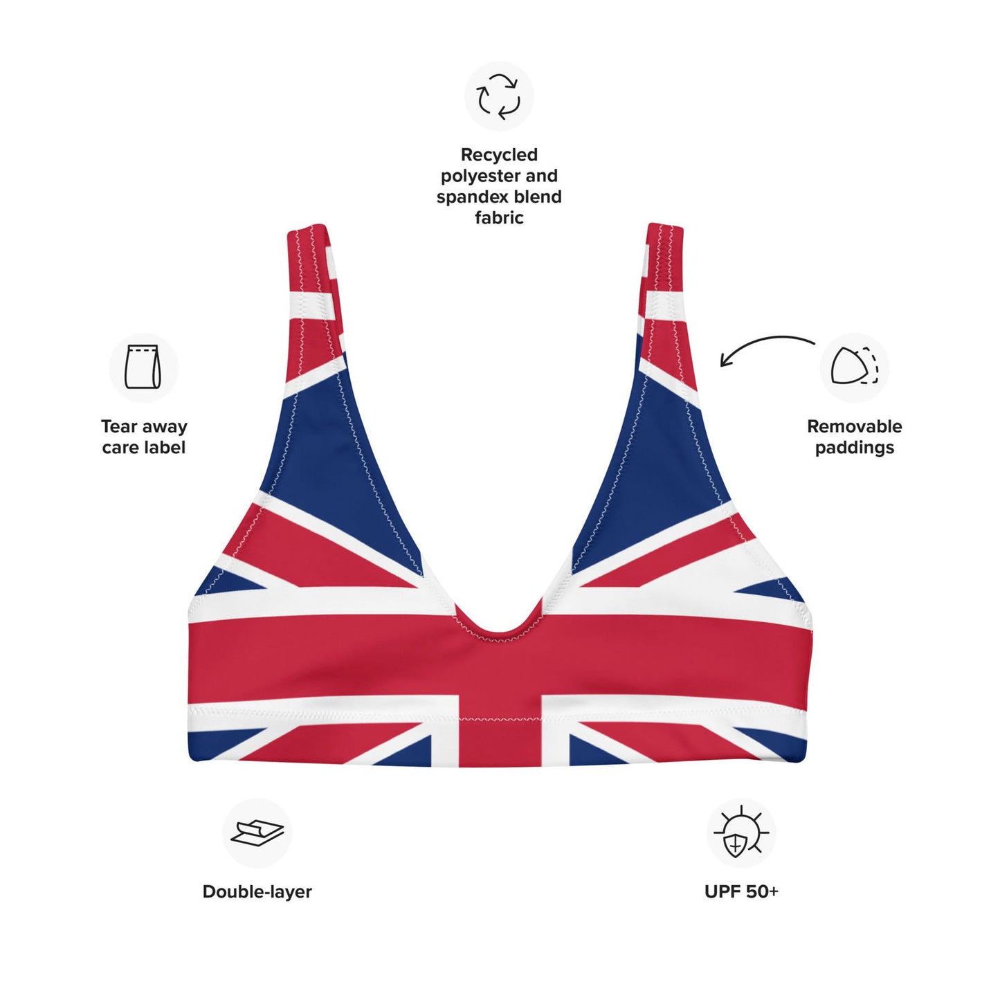 Recycling-Polyester-Bikinioberteil Union Jack Uk / umweltfreundliche Badebekleidung