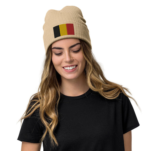 Beanie mit gerippter Strickmütze mit bestickter belgischer Flagge / Premium-Mütze in 8 Farben erhältlich