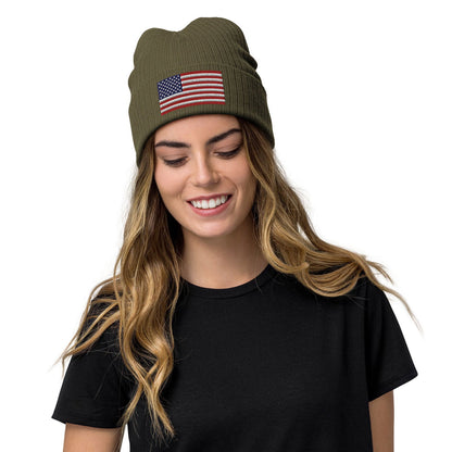 Ribbed Knit Embroidered USA Flag Beanie / Premium Beanie Available In 8 Colours / Recycled Polyester