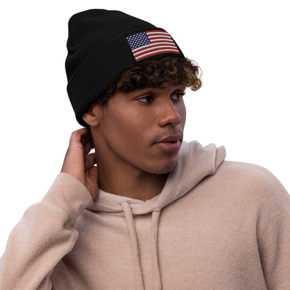 Ribbed Knit Embroidered USA Flag Beanie / Premium Beanie Available In 8 Colours / Recycled Polyester