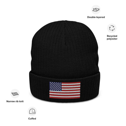 Ribbed Knit Embroidered USA Flag Beanie / Premium Beanie Available In 8 Colours / Recycled Polyester