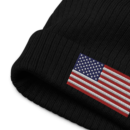 Ribbed Knit Embroidered USA Flag Beanie / Premium Beanie Available In 8 Colours / Recycled Polyester