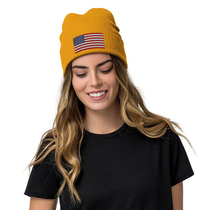 Ribbed Knit Embroidered USA Flag Beanie / Premium Beanie Available In 8 Colours / Recycled Polyester