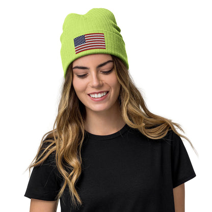 Ribbed Knit Embroidered USA Flag Beanie / Premium Beanie Available In 8 Colours / Recycled Polyester